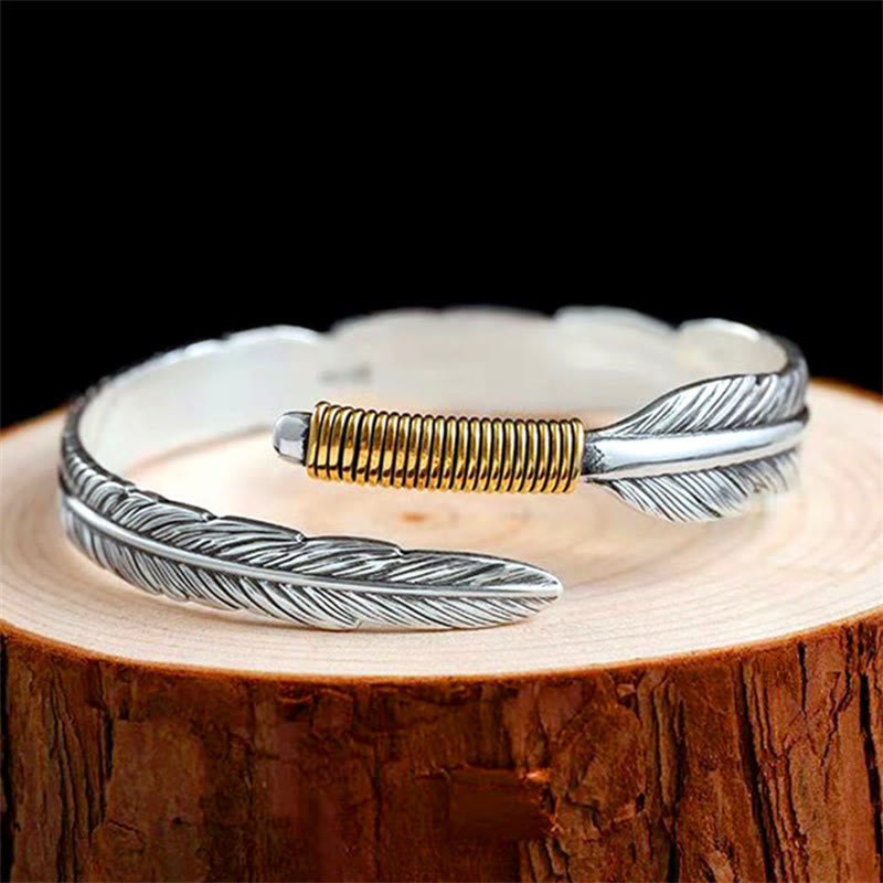 KarmaRipple's Feather Pattern Engraved Fortune Cuff Bracelet Bangle p4