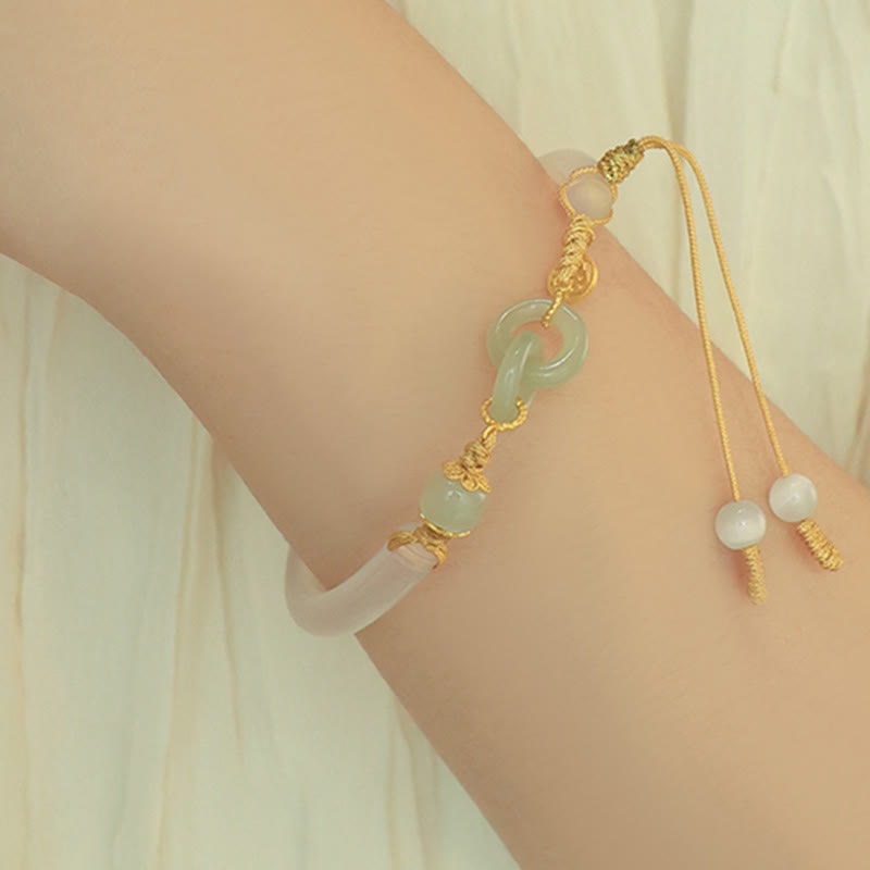 KarmaRipple's 925 Sterling Silver Authentic Ivory Agate Hetian Jade Double Peace Buckle Fu Character Bracelet Bangle p9