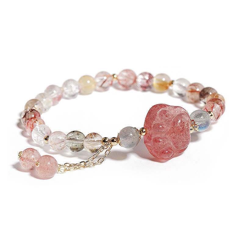 KarmaRipple's Authentic Strawberry Quartz Cat Paw Claw Colorful Rutilated Quartz Moonstone Love Bracelet p1