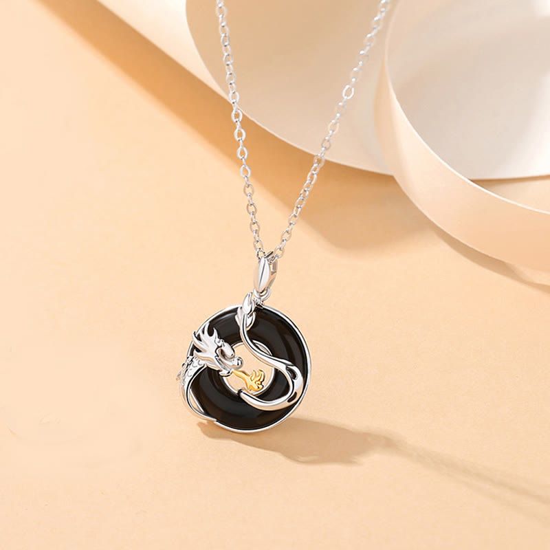 KarmaRipple's 925 Sterling Silver Year of the Dragon Authentic Black Onyx Chalcedony Dragon Phoenix Peace Buckle Protection Pendant Necklace p1