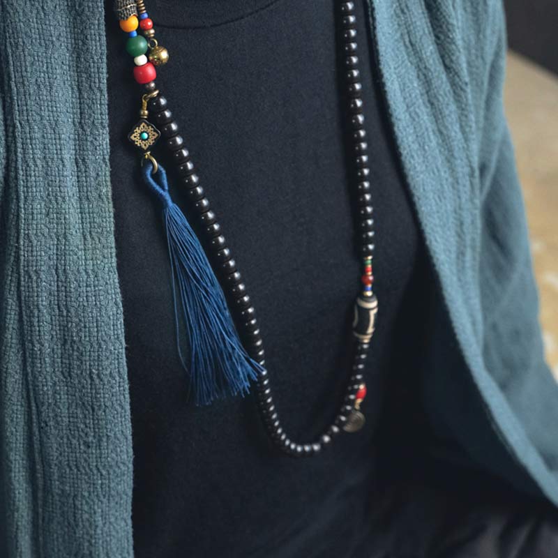 KarmaRipple's 108 Beadwork Mala Ebony Wood Dzi Bead Bronze Balance Tassel Bracelet p6