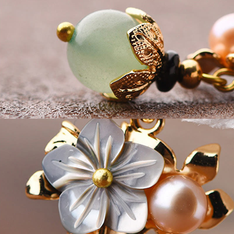 KarmaRipple's 14K Gold Plated Tridacna Stone Flower Pearl Green Aventurine Bead Drop Earrings p9