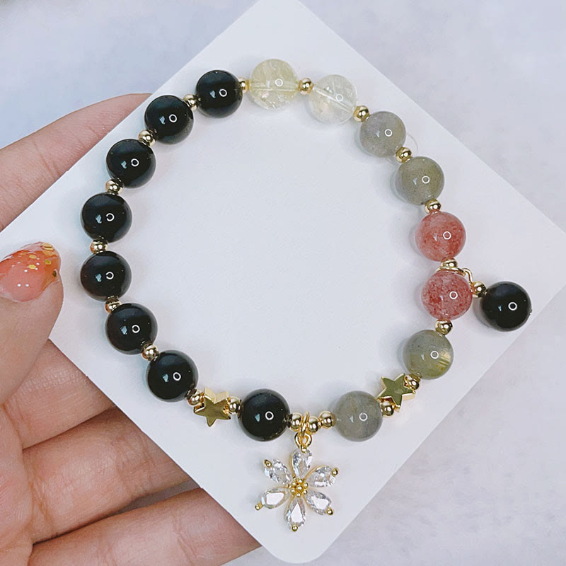 KarmaRipple's Authentic Silver Sheen Obsidian Love Heart Star Flower Protection Bracelet ( p12
