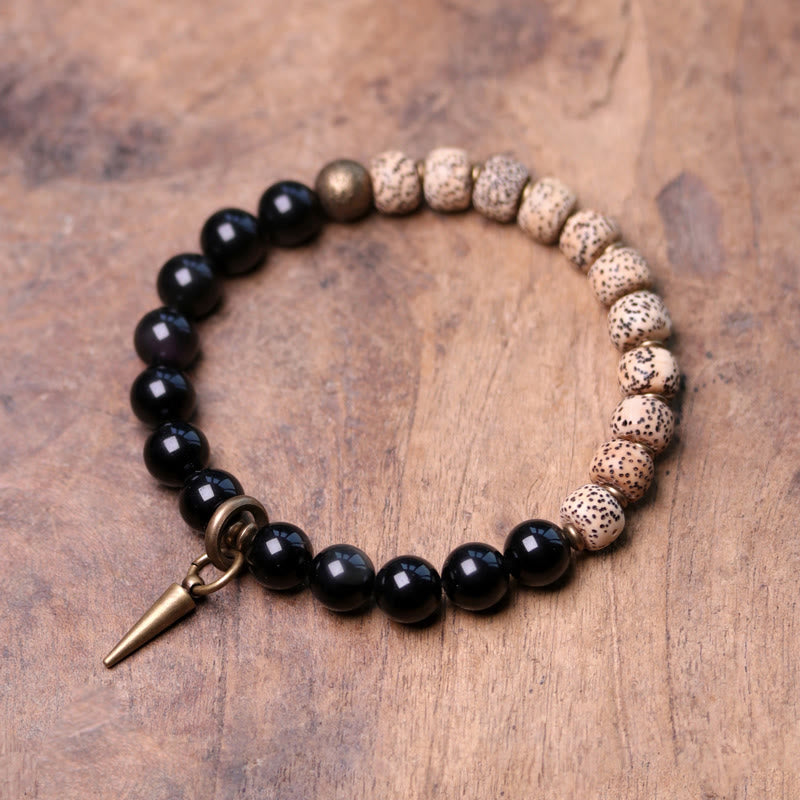 KarmaRipple's Tibetan Bodhi Seed Black Obsidian Ebony Wood Bronze Peace Bracelet p1