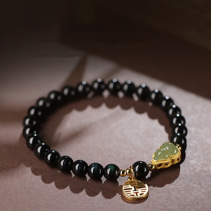 KarmaRipple's Authentic Black Obsidian Hetian Jade Gourd Double Happiness Strength Bracelet p3