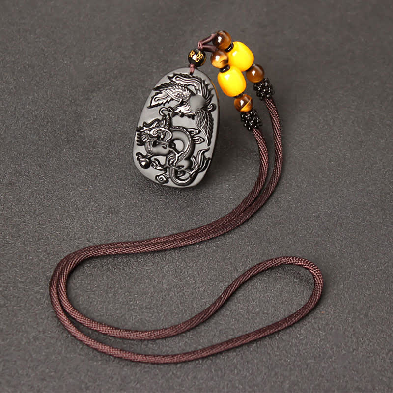 KarmaRipple's Black Obsidian Tiger Eye Dragon Phoenix Protection Beaded Pendant Necklace p2