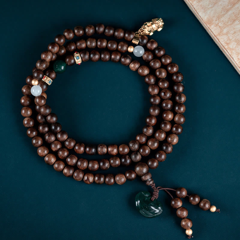 KarmaRipple's 108 Mala Beadwork Kalimantan Agarwood Laughing Buddha Peace Buckle Red Agate Jade Strength Bracelet p19