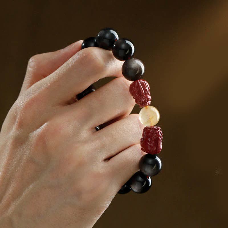 KarmaRipple's Gold Sheen Obsidian PiXiu Cinnabar Om Mani Padme Hum Protection Bracelet p8
