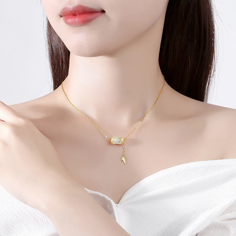 KarmaRipple's 925 Sterling Silver 22K Gold Hetian Ivory Jade Bamboo Leaf Fortune Pendant Necklace Bracelet p6