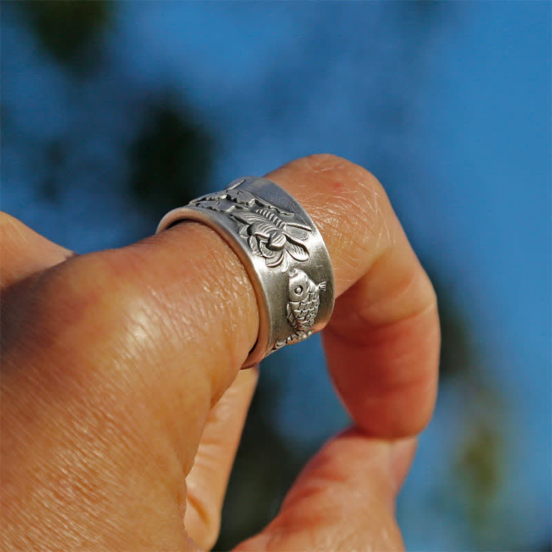 KarmaRipple's 999 Sterling Silver Fortune Koi Fish Lotus Heart Sutra Wealth Ring p5