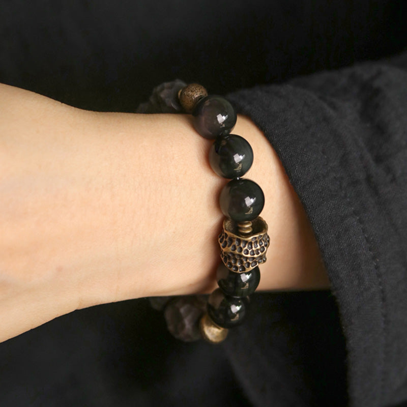 KarmaRipple's Black Obsidian Ebony Wood Bronze Strength Pair Bracelet p4