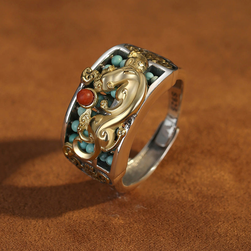 KarmaRipple's 925 Sterling Silver Turquoise Red Agate PiXiu Abacus Protection Ring p9