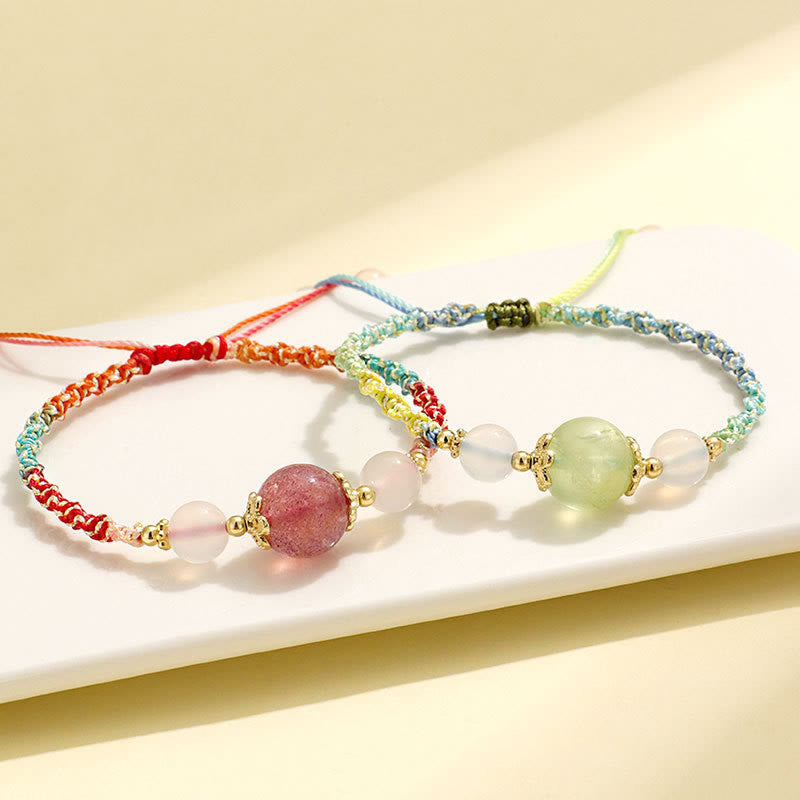 KarmaRipple's Strawberry Quartz Pink Gemstone Prehnite Ivory Agate Bead Balancing Rope Bracelet p4