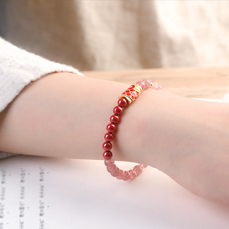 KarmaRipple's Authentic Strawberry Quartz Cinnabar Fortunate Koi Fish Balancing Bracelet p11