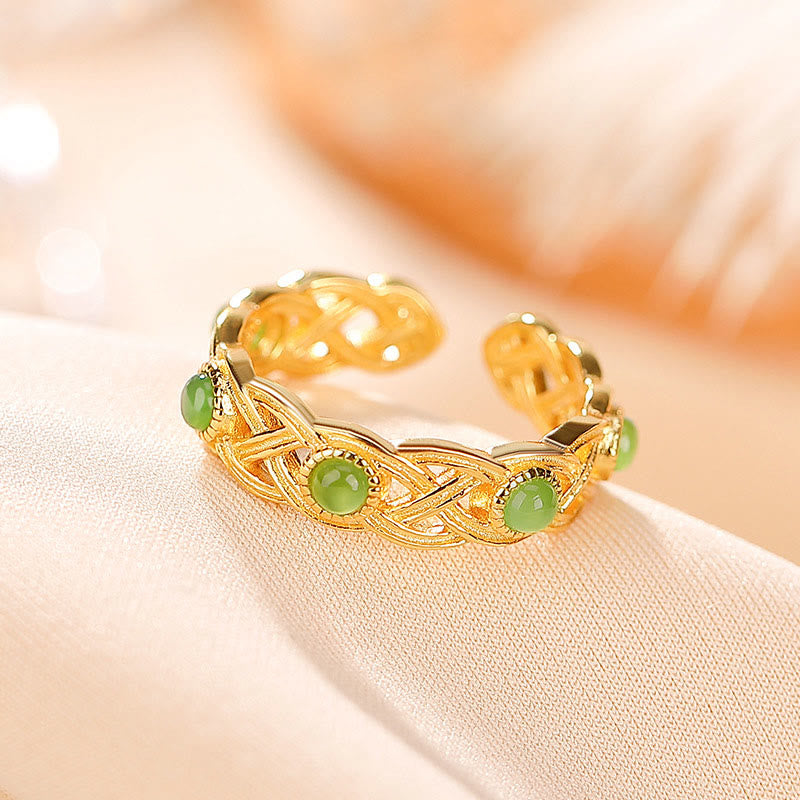 KarmaRipple's 925 Sterling Silver Plated Gold Cyan Jade Woven Design Success Fortune Adjustable Ring p3