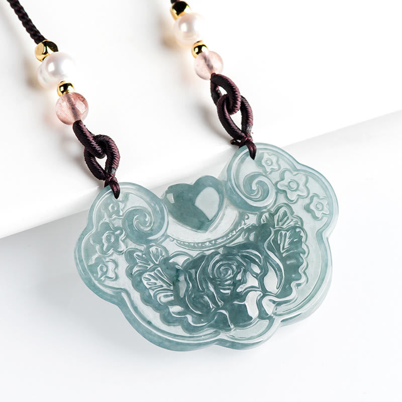 KarmaRipple's Authentic Jade Peony Flower Lock of Good Wishes Prosperity Pendant Necklace p2