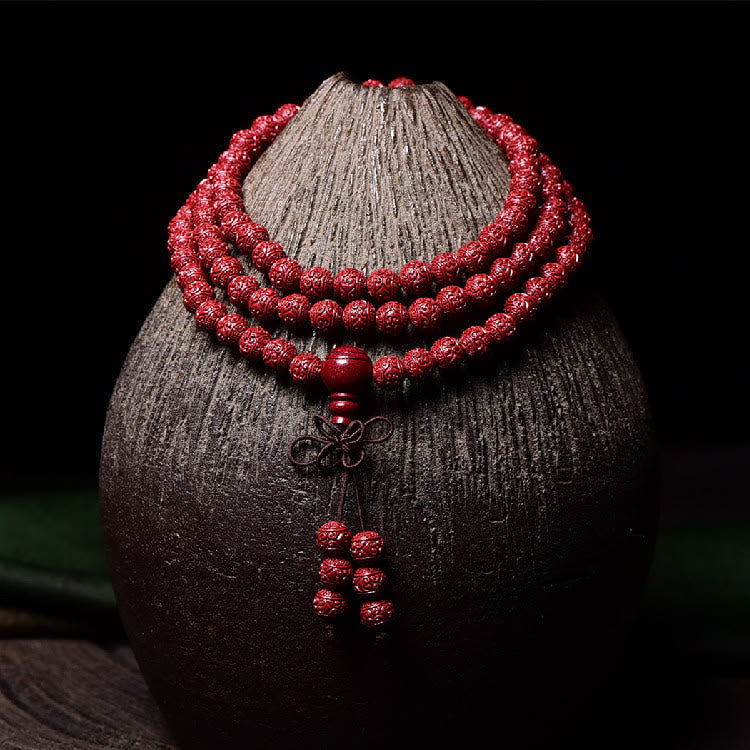 KarmaRipple's 108 Mala Beadwork Cinnabar Om Mani Padme Hum Pattern Engraved Blessing Bracelet p1