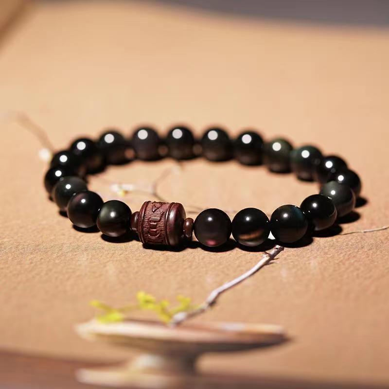 KarmaRipple's Authentic Gold Sheen Obsidian Rainbow Obsidian Om Mani Padme Hum Fu Character Balancing Bracelet p55