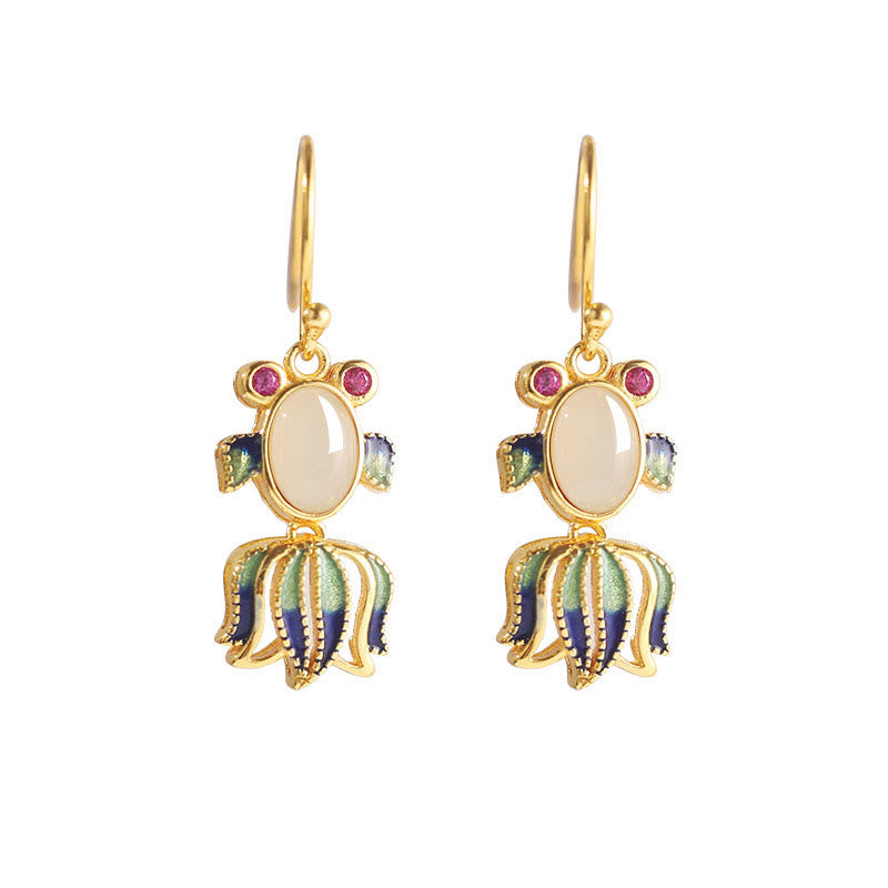 KarmaRipple's 925 Sterling Silver Hetian Ivory Jade Red Agate Cute Fish Happiness Drop Earrings p6