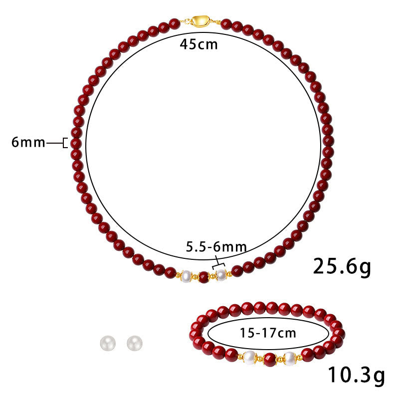 KarmaRipple's 925 Sterling Silver Authentic Cinnabar Pearl Blessing Pendant Necklace Bracelet Earrings Jewelry Set p9