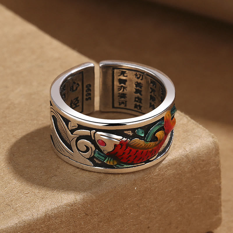 KarmaRipple's Blue Enamel Koi Fish Heart Sutra Success Ring p3