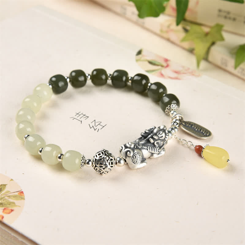 KarmaRipple's 925 Sterling Silver Authentic Hetian Jade Amber PiXiu Fortune Bracelet p5