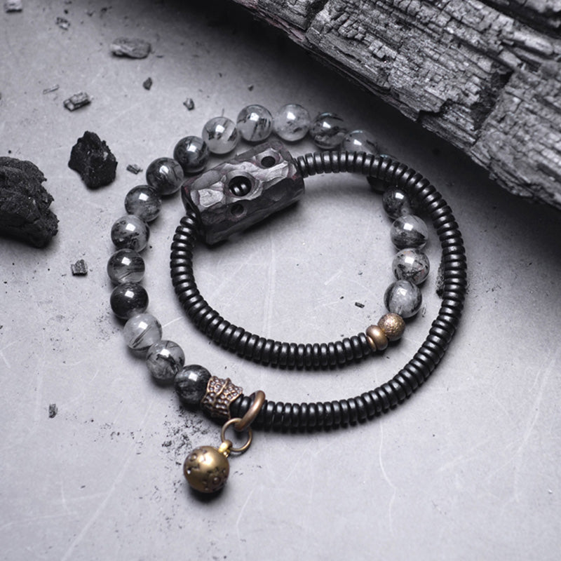 KarmaRipple's Black Rutilated Quartz Ebony Wood Bronze Wisdom Pair Bracelet p5