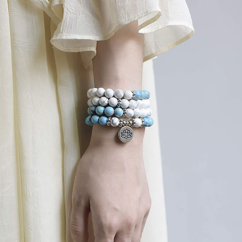 KarmaRipple's 108 Mala Beadwork Ivory Turquoise Emperor Stone Lotus Blessing Bracelet p3