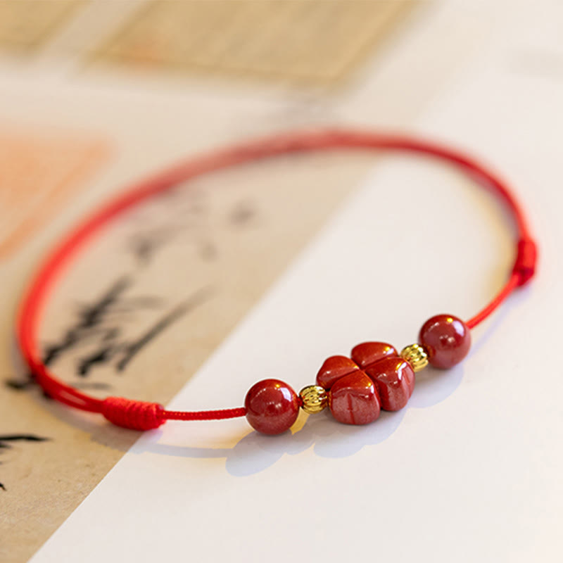 KarmaRipple's Four Leaf Clover Cinnabar Blessing Calm String Bracelet Anklet p16