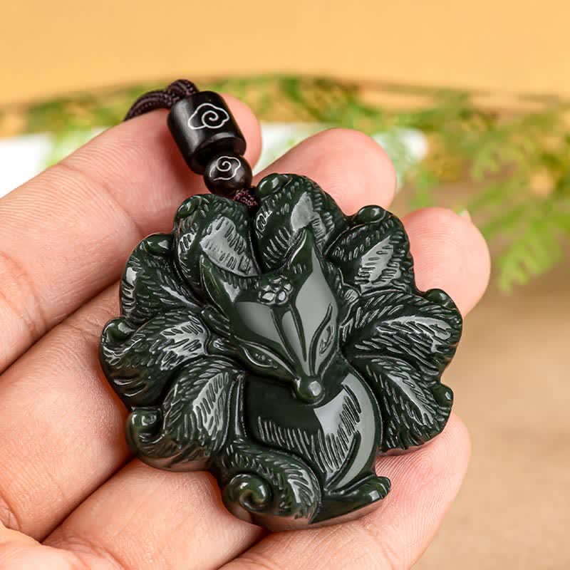 KarmaRipple's Hetian Cyan Jade Nine Tailed Fox Fortune Pendant String Necklace p4
