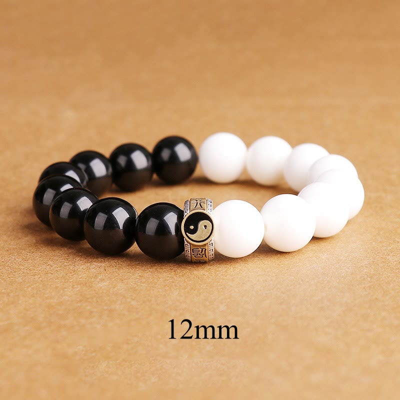 KarmaRipple's 925 Sterling Silver Black Obsidian Ivory Shell Yin Yang Strength Bracelet p2