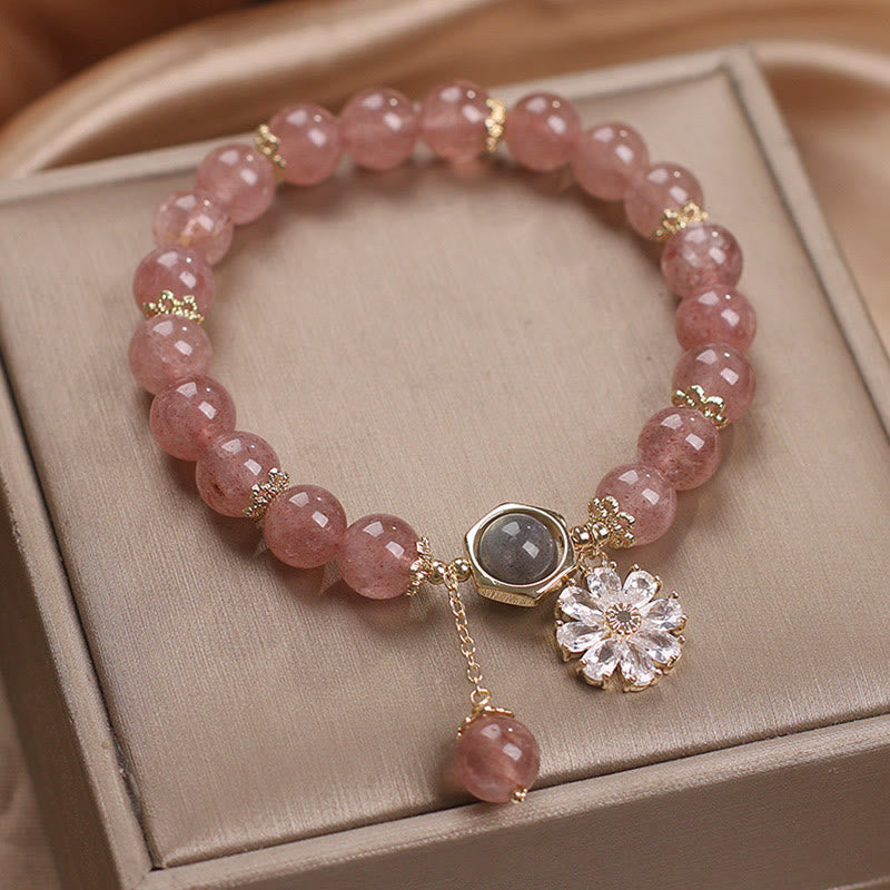 KarmaRipple's Authentic Strawberry Quartz Gemstone Daisy Flower Talisman Positive Balancing Bracelet p3