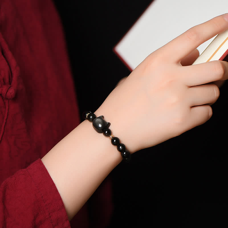 KarmaRipple's Gold Sheen Obsidian Silver Sheen Obsidian Lovely Paw Fortunate Cat Protection Bracelet p35