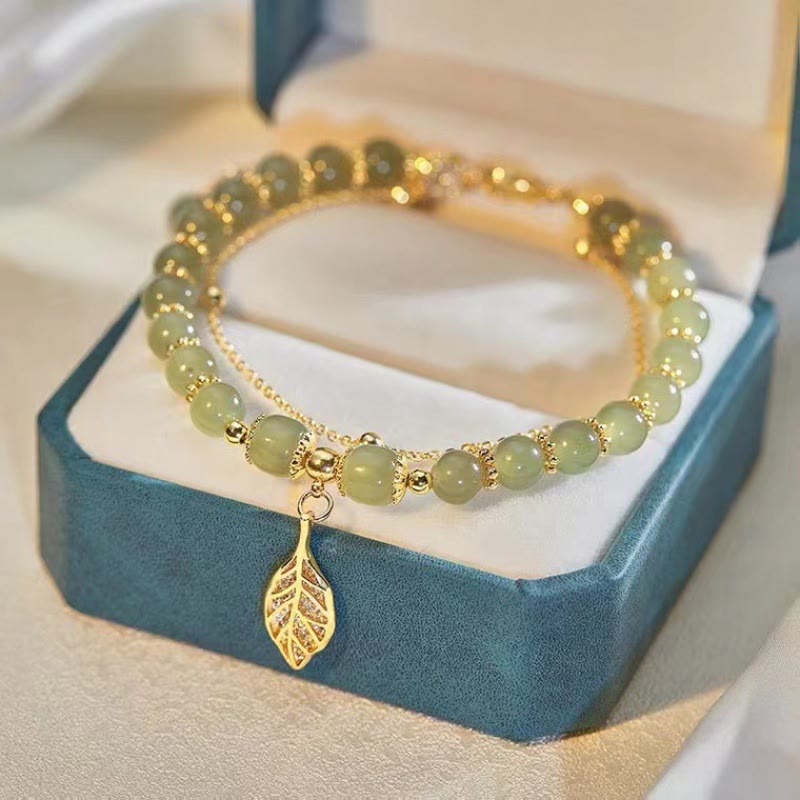 KarmaRipple's Jade Leaf Ginkgo Tulip Peanut Fu Character Fortune Beaded Bracelet p1