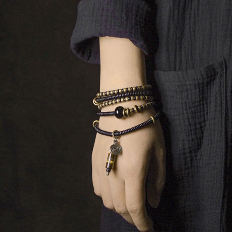 KarmaRipple's Ebony Wood Dzi Bead Bronze Peace Pair Bracelet Pendant Necklace p4