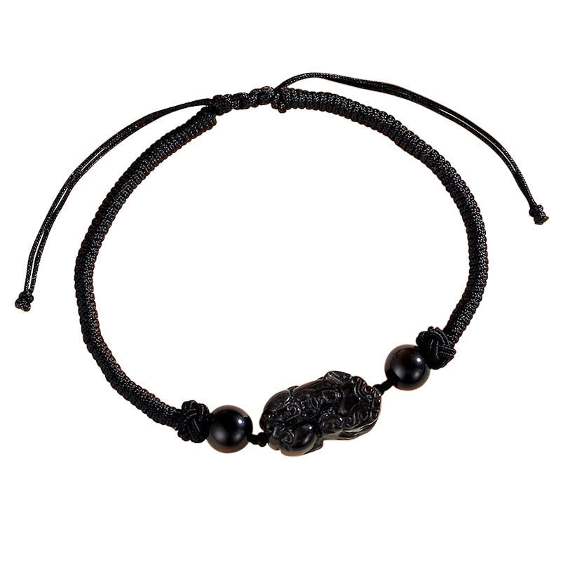 KarmaRipple's Handmade Authentic Silver Sheen Obsidian Strawberry Quartz PiXiu Protection Woven Bracelet p1