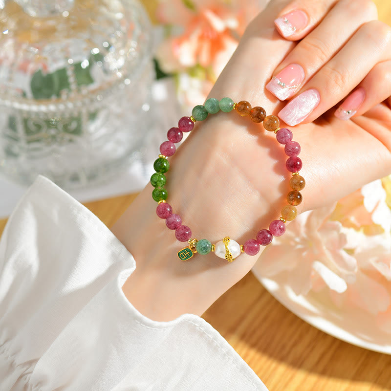 KarmaRipple's Authentic Multicolored Tourmaline Pearl Auspicious Character Talisman Wisdom Bracelet p9