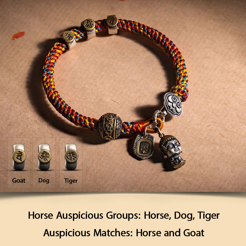 KarmaRipple's Handmade Tibetan 925 Sterling Silver Chinese Zodiac Natal Buddha Zakiram Goddess of Wealth Protection Multicolored Rope Woven Bracelet p7