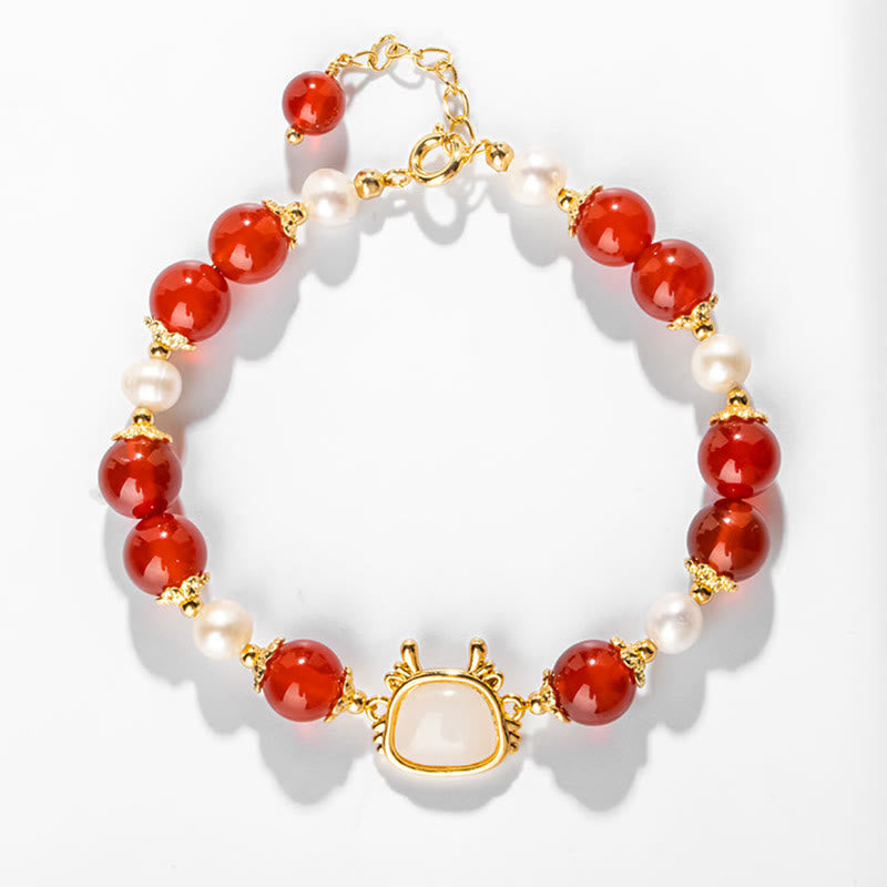 KarmaRipple's 14K Gold Plated Year Of The Dragon Authentic Red Agate Pearl Protection Fu Character Chain Bracelet ( p4