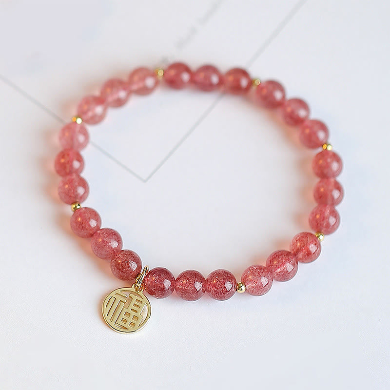 KarmaRipple's 14K Gold Plated Strawberry Quartz Fu Character Balancing Talisman Bracelet p2