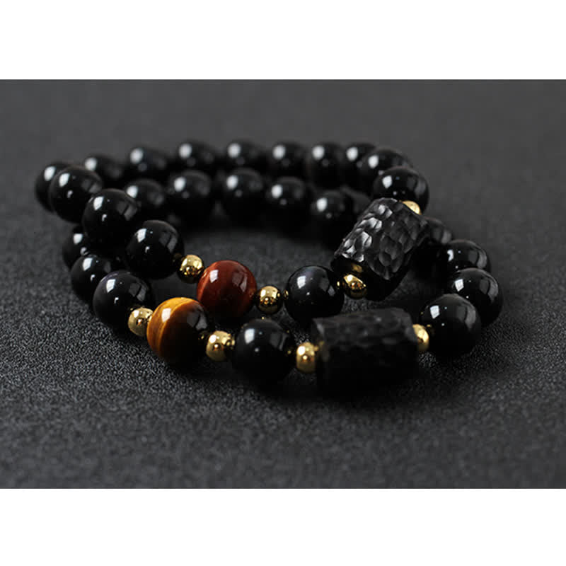 KarmaRipple's Black Obsidian Ebony Wood Red Tiger Eye Strength Pair Bracelet p12