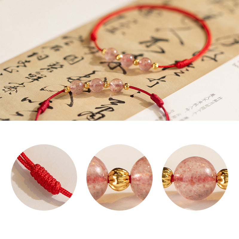 KarmaRipple's Strawberry Gemstone Beadwork Fortune Red String Anklet p15