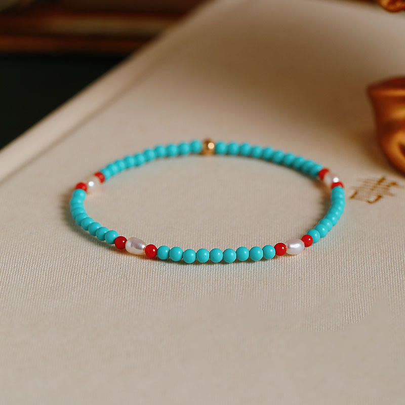 KarmaRipple's Turquoise Red Agate Pearl Small Beaded Protection Bracelet p1