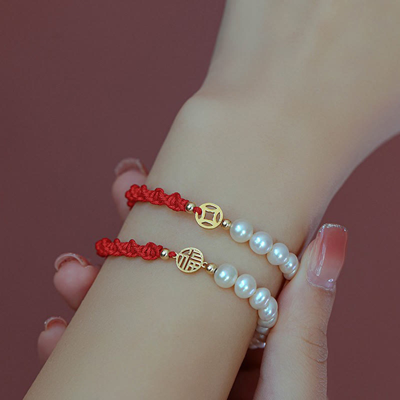 KarmaRipple's 14K Gold Plated Pearl Bead Fortune Protection Braid Red String Bracelet p3