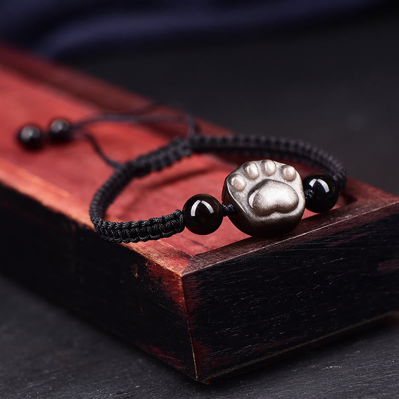 KarmaRipple's Authentic Silver Sheen Obsidian Gold Sheen Obsidian Cute Cat Paw Claw Protection Rope Bracelet p9
