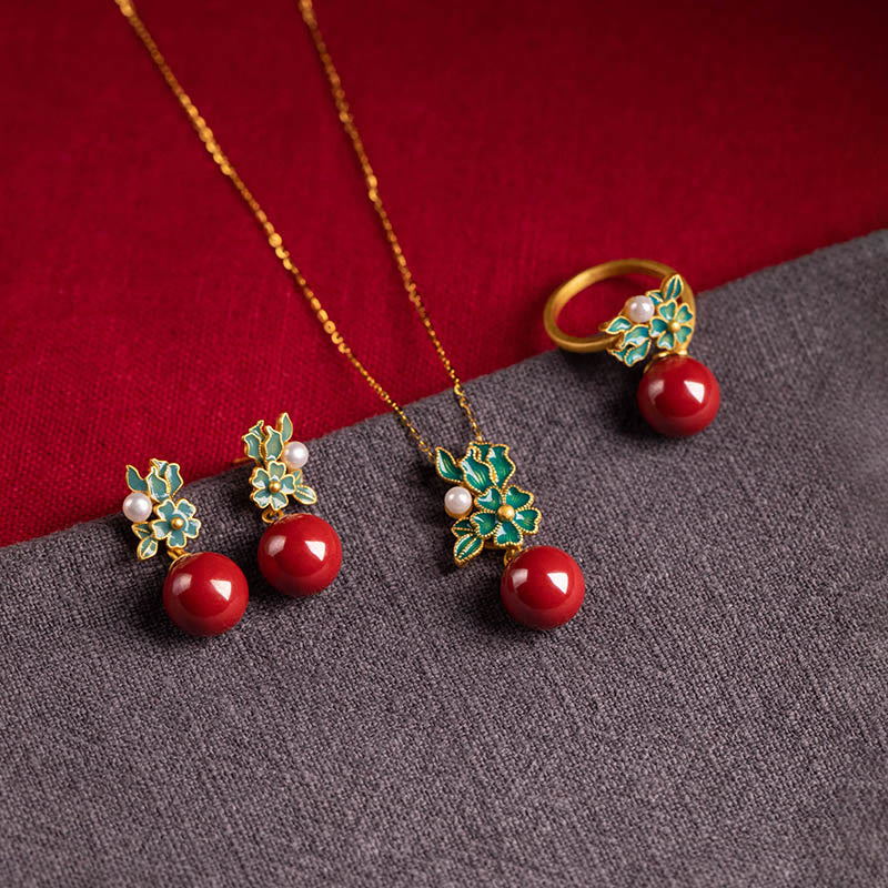 KarmaRipple's 925 Sterling Silver Plated Gold Cinnabar Pearl Flower Blessing Pendant Necklace Earrings Ring Set p18