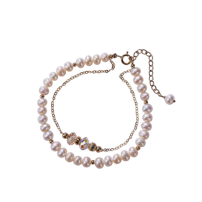KarmaRipple's 925 Sterling Silver 14K Gold Plated Authentic Pearl Gemstone Balancing Double Layer Bracelet p10