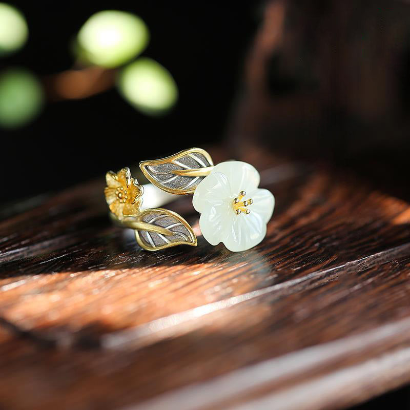 KarmaRipple's 925 Silver Plated Bronze Ivory Jade Plum Flower Leaf Fortune Ring p8