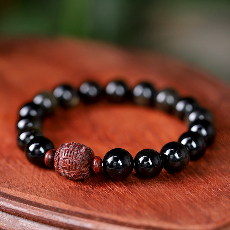 KarmaRipple's Authentic Gold Sheen Obsidian Rainbow Obsidian Om Mani Padme Hum Fu Character Balancing Bracelet p54