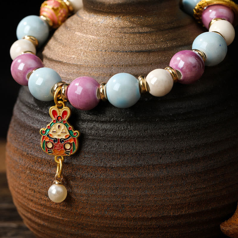 KarmaRipple's Tibetan Zakiram Goddess of Wealth Rabbit Lion Head Talisman Liuli Glass Incense Ash Porcelain Bead Protection Bracelet p5